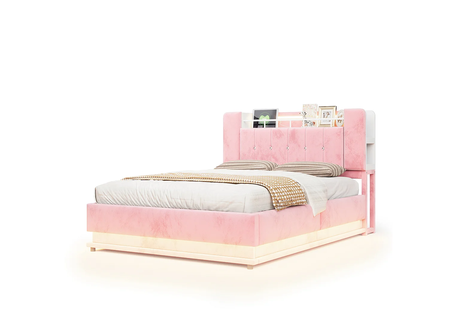 Polsterbett mit Bettkasten 140 x 200 cm – mit LED-Beleuchtung – mit USB-Anschluss – Samt – Rosa (Matratze nicht enthalten)