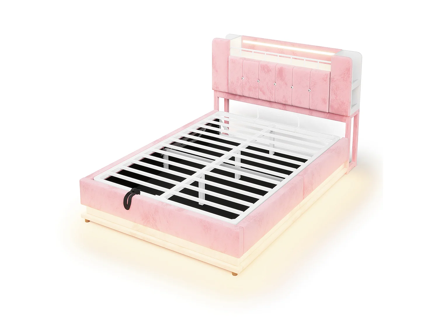 Polsterbett mit Bettkasten 140 x 200 cm – mit LED-Beleuchtung – mit USB-Anschluss – Samt – Rosa (Matratze nicht enthalten)