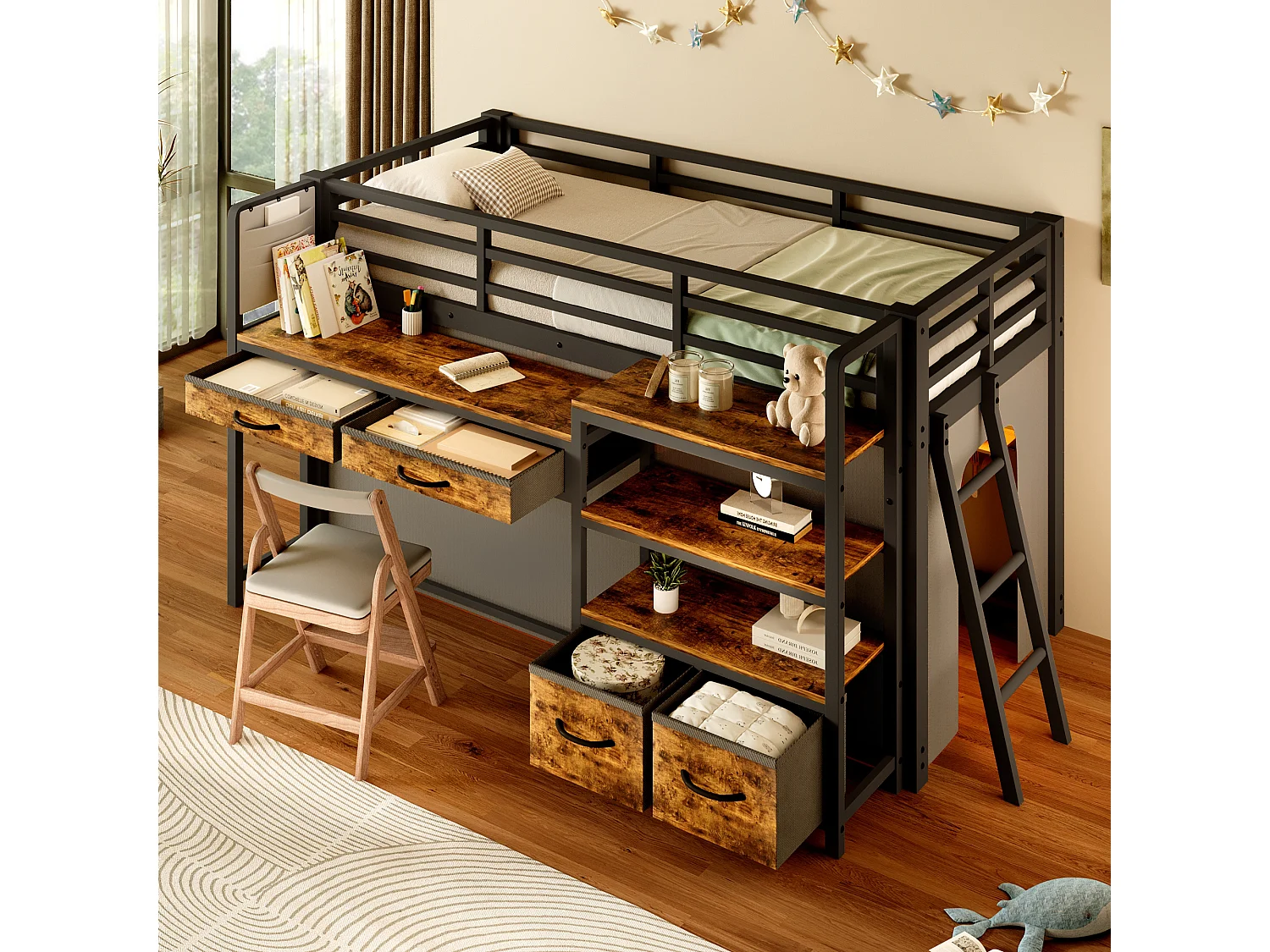 Metalen mezzaninebed 90x200 cm - Met bureau en 4 lades - Planken en LED-verlichting - Veiligheidshekken - Zwart(zonder matras)