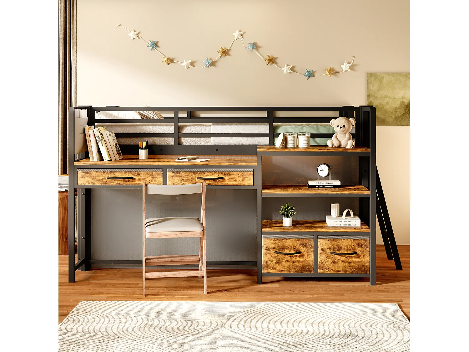 Metalen mezzaninebed 90x200 cm - Met bureau en 4 lades - Planken en LED-verlichting - Veiligheidshekken - Zwart(zonder matras)
