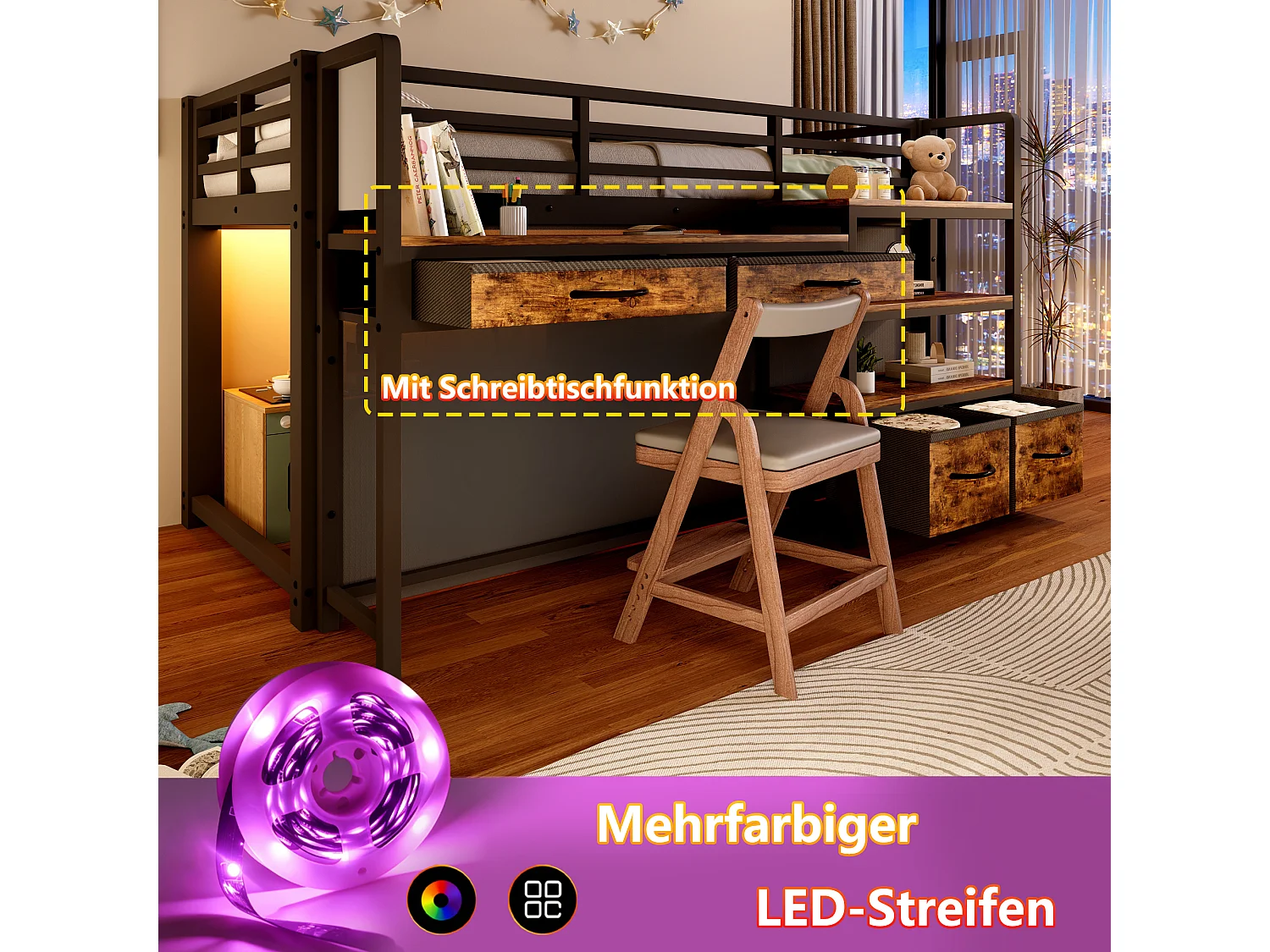 Metalen mezzaninebed 90x200 cm - Met bureau en 4 lades - Planken en LED-verlichting - Veiligheidshekken - Zwart(zonder matras)