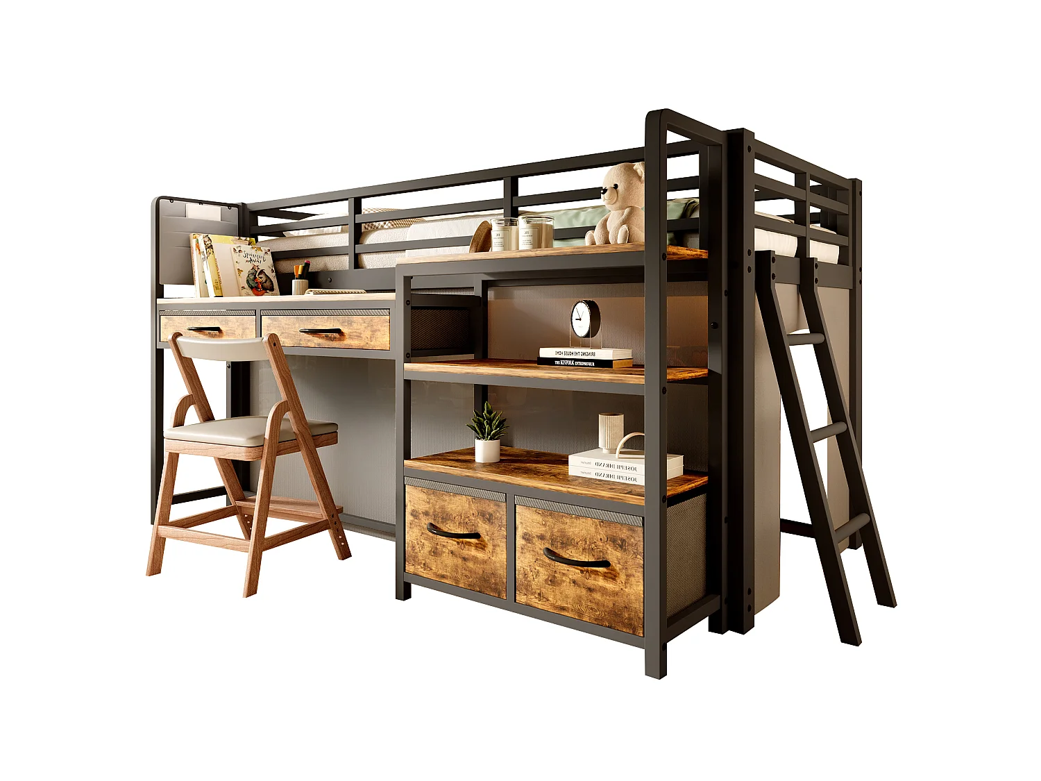 Metalen mezzaninebed 90x200 cm - Met bureau en 4 lades - Planken en LED-verlichting - Veiligheidshekken - Zwart(zonder matras)