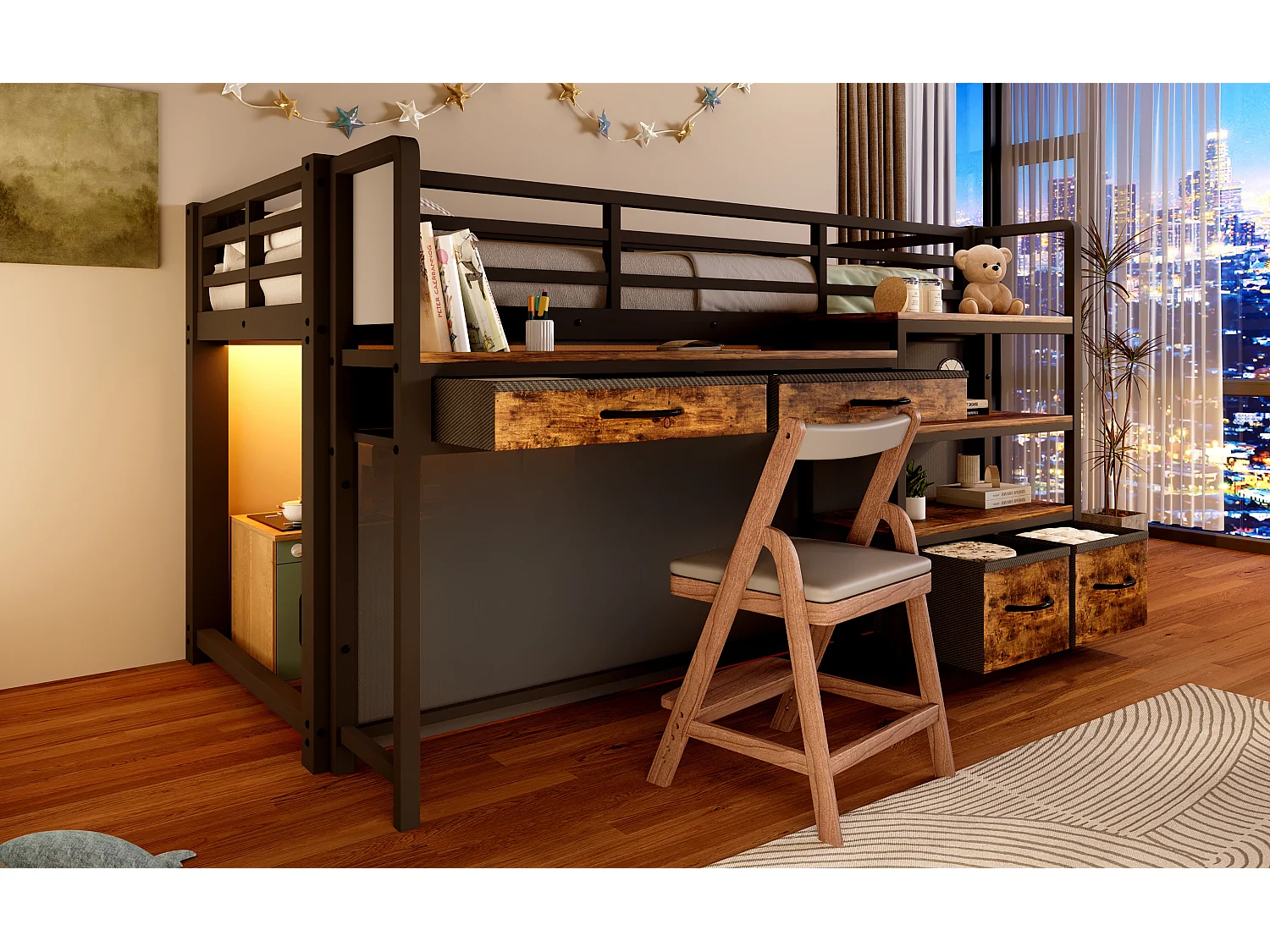 Metalen mezzaninebed 90x200 cm - Met bureau en 4 lades - Planken en LED-verlichting - Veiligheidshekken - Zwart(zonder matras)