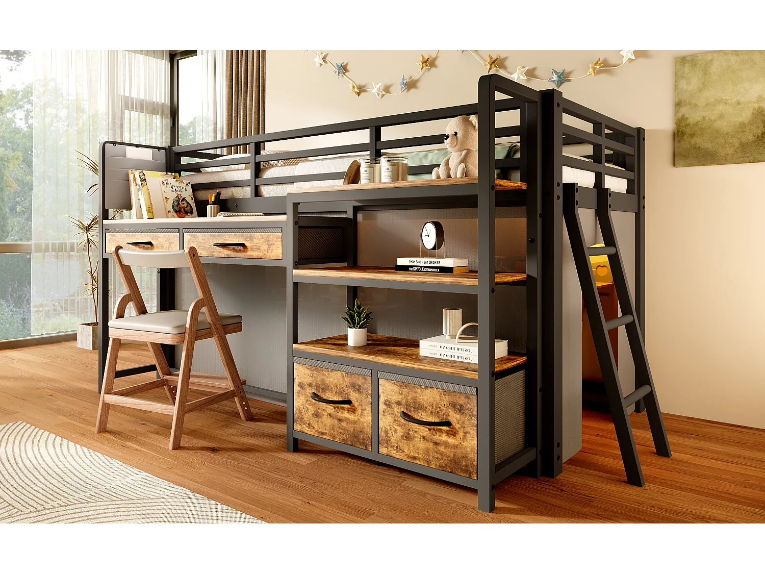 Metalen mezzaninebed 90x200 cm - Met bureau en 4 lades - Planken en LED-verlichting - Veiligheidshekken - Zwart(zonder matras)