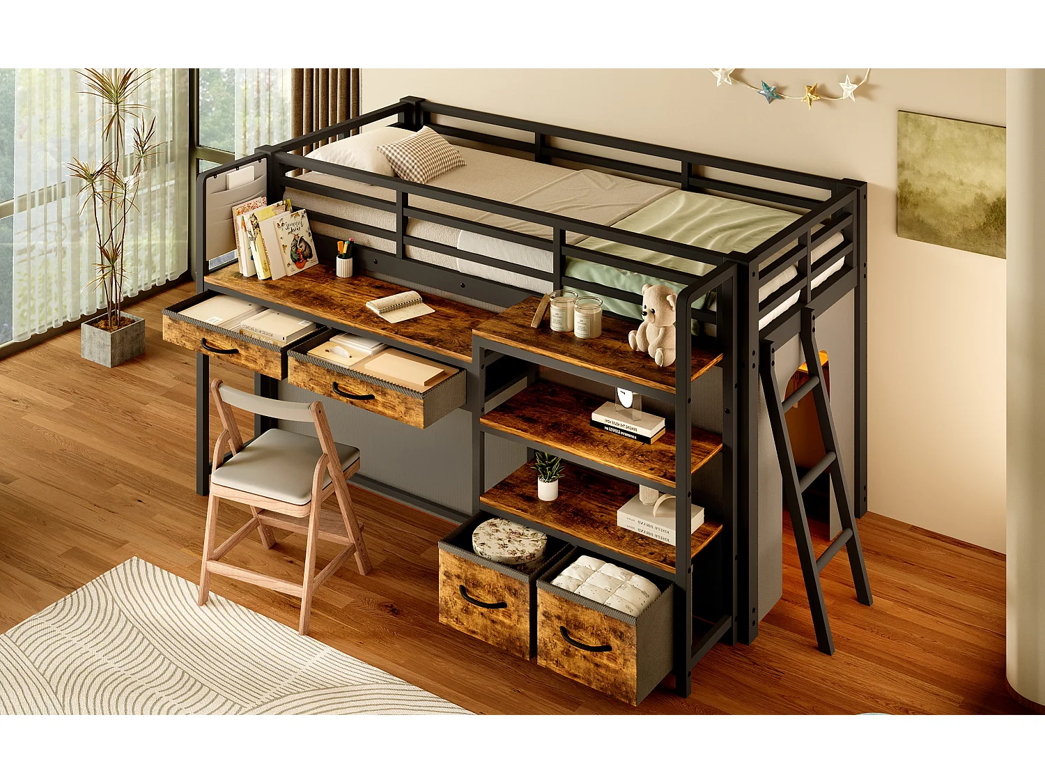 Metalen mezzaninebed 90x200 cm - Met bureau en 4 lades - Planken en LED-verlichting - Veiligheidshekken - Zwart(zonder matras)