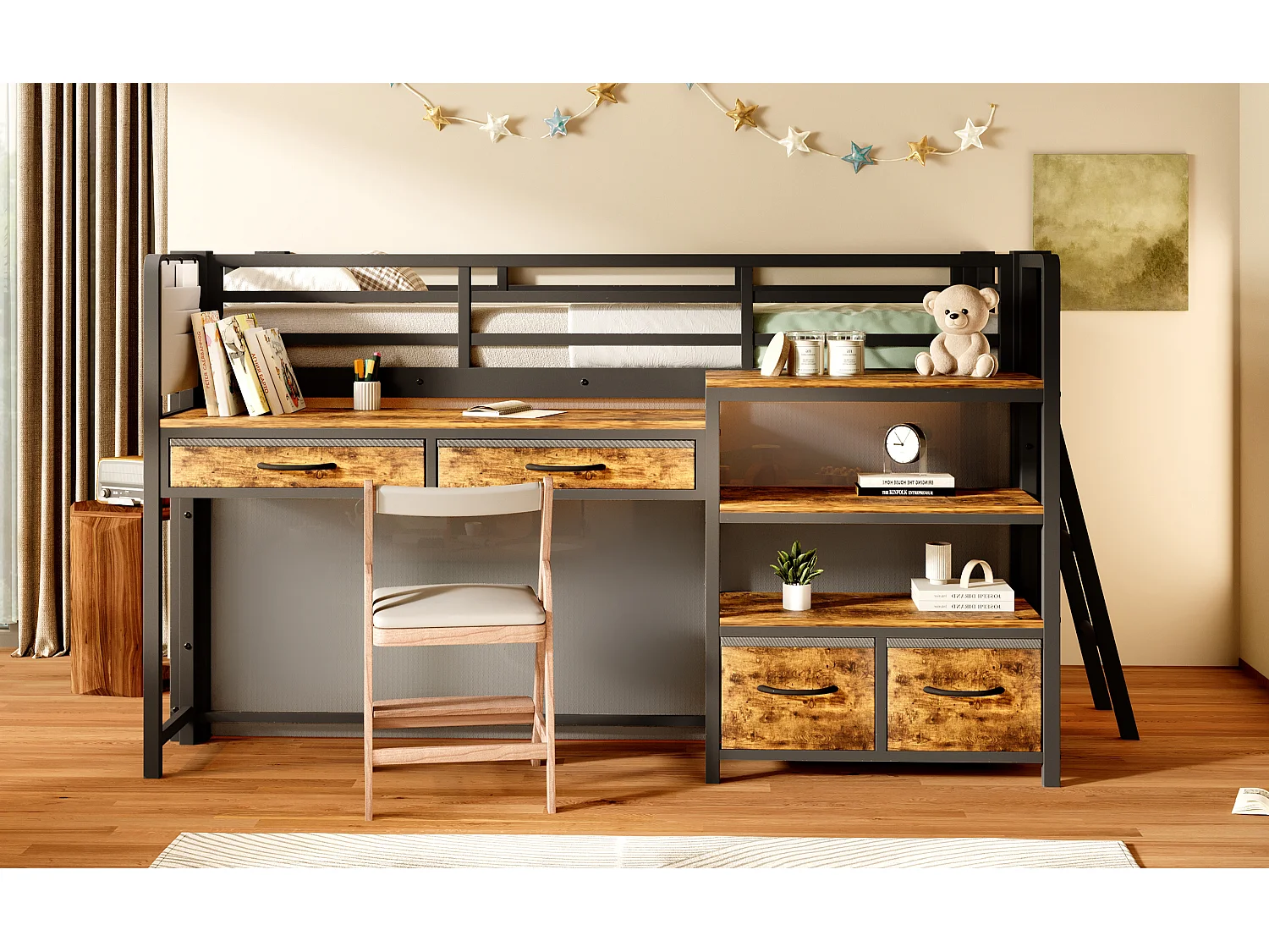 Metalen mezzaninebed 90x200 cm - Met bureau en 4 lades - Planken en LED-verlichting - Veiligheidshekken - Zwart(zonder matras)