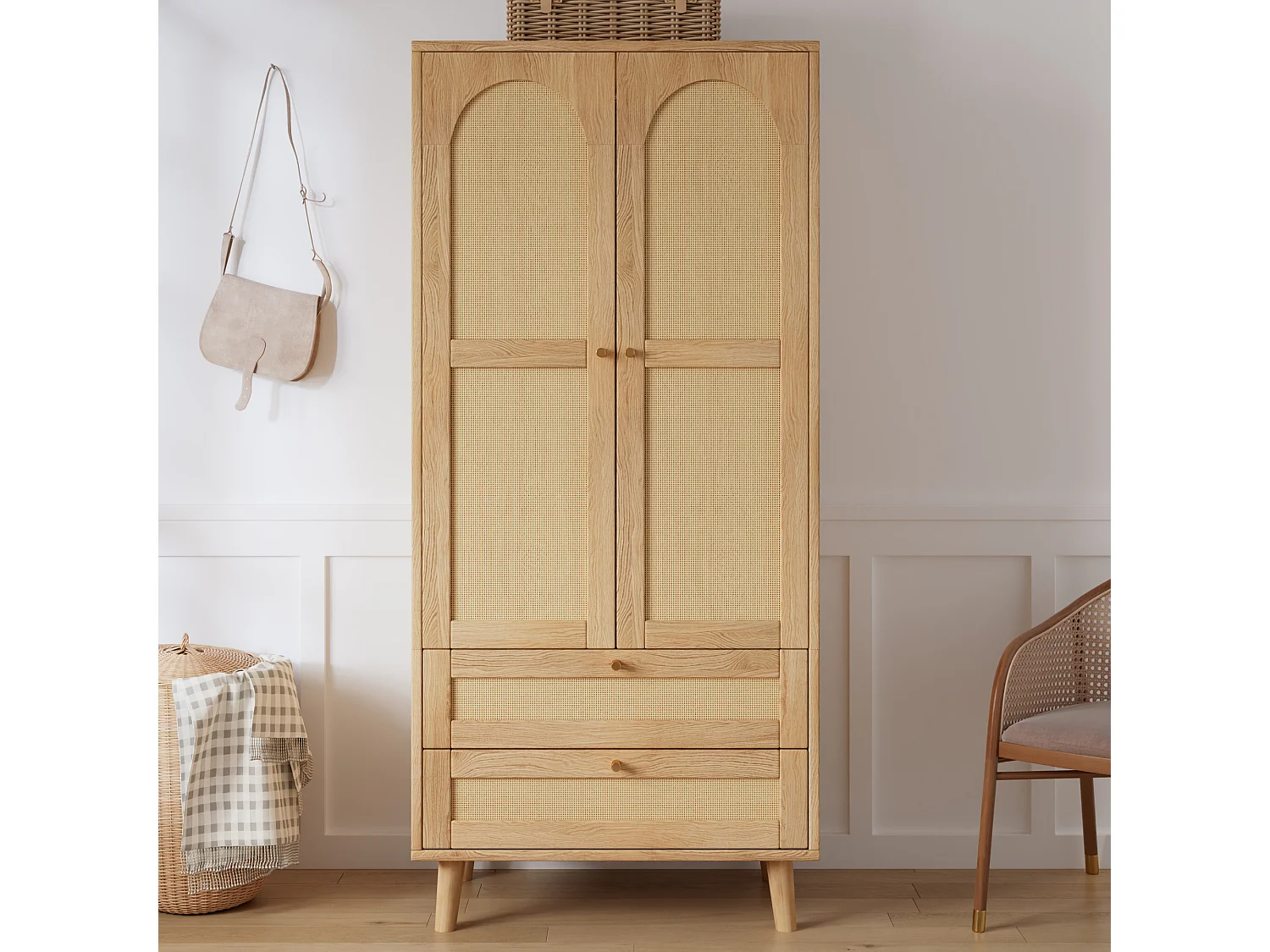 Rattan wardrobe 80 x 50 x 180cm - with 2 drawers and 2 doors - with storage shelf and clothes rail - Natural