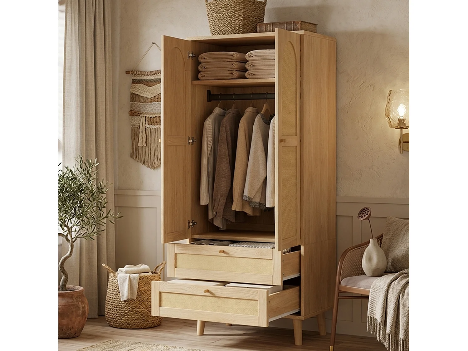 Rattan wardrobe 80 x 50 x 180cm - with 2 drawers and 2 doors - with storage shelf and clothes rail - Natural