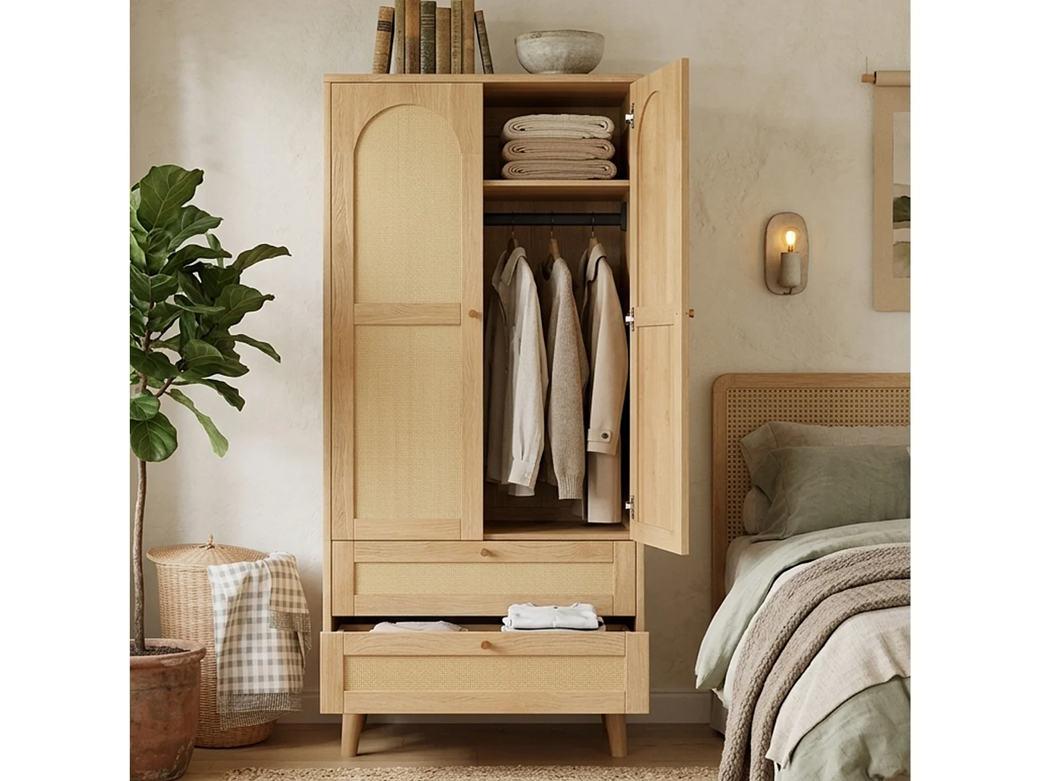 Rattan wardrobe 80 x 50 x 180cm - with 2 drawers and 2 doors - with storage shelf and clothes rail - Natural