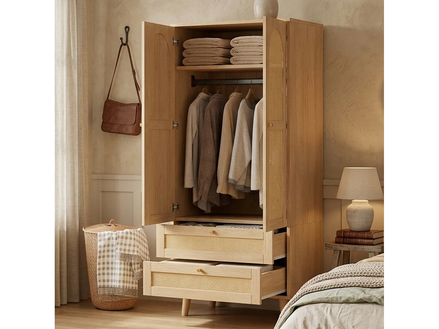 Rattan wardrobe 80 x 50 x 180cm - with 2 drawers and 2 doors - with storage shelf and clothes rail - Natural