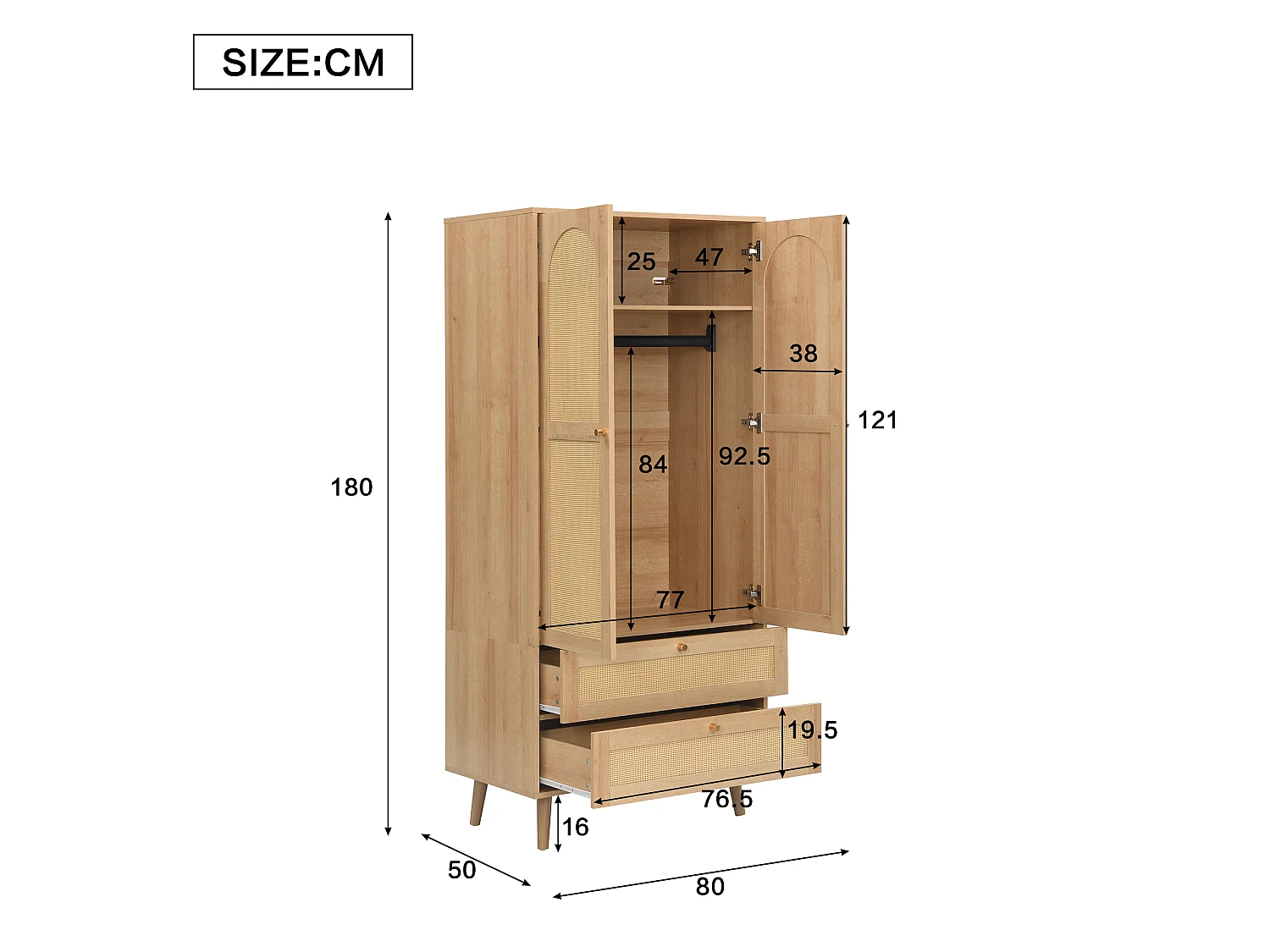 Rattan wardrobe 80 x 50 x 180cm - with 2 drawers and 2 doors - with storage shelf and clothes rail - Natural