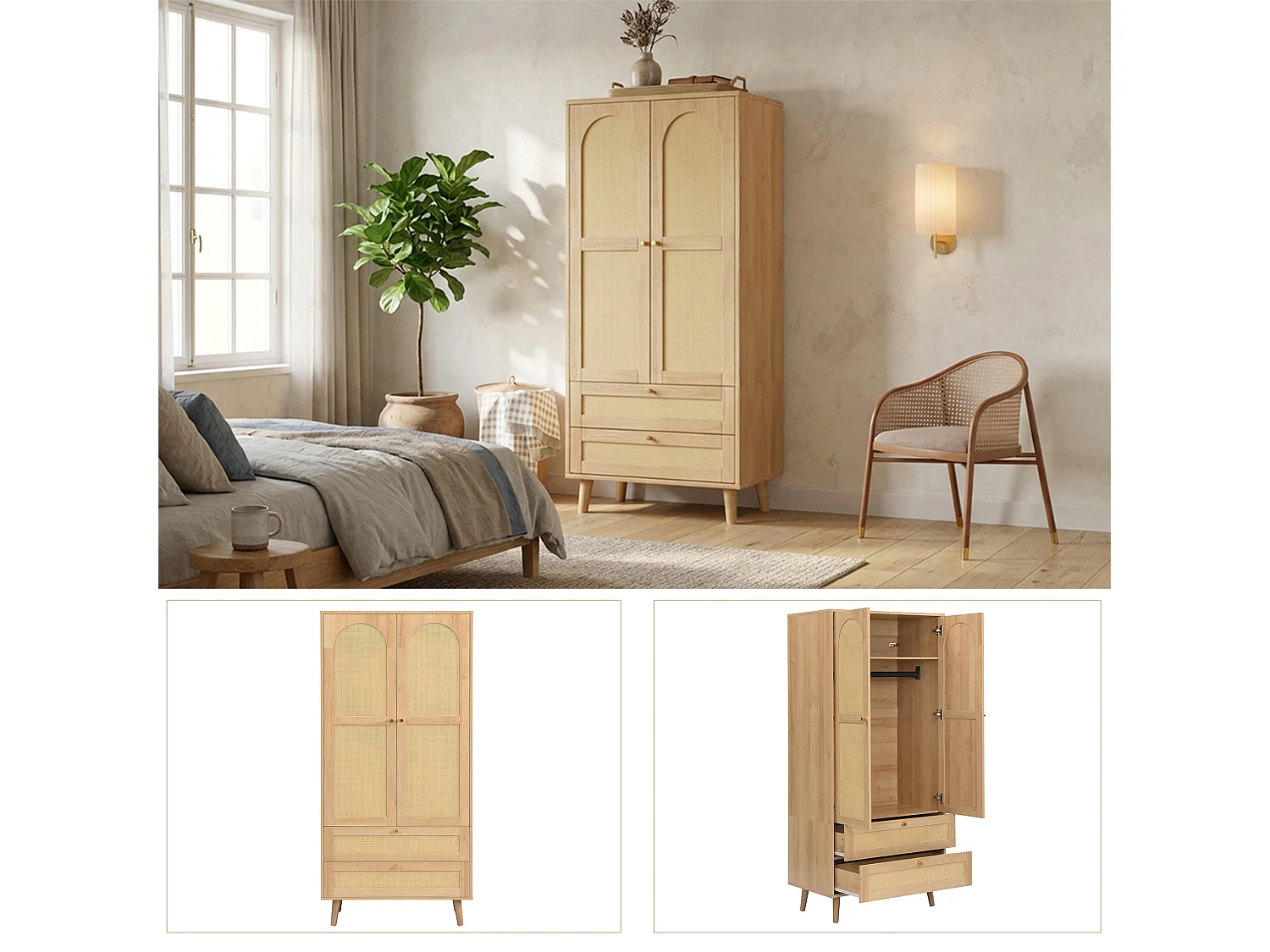 Rattan wardrobe 80 x 50 x 180cm - with 2 drawers and 2 doors - with storage shelf and clothes rail - Natural