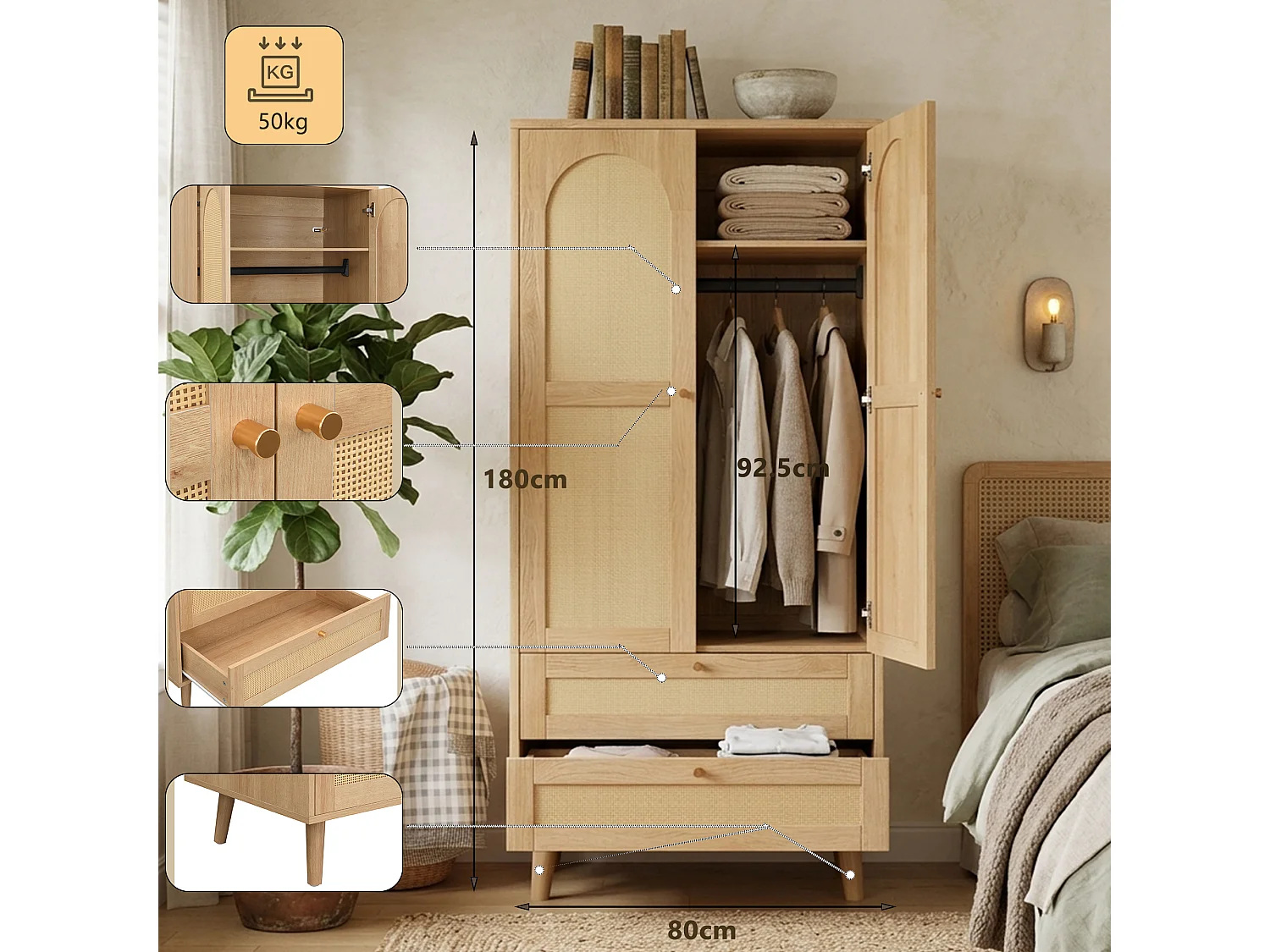 Rattan wardrobe 80 x 50 x 180cm - with 2 drawers and 2 doors - with storage shelf and clothes rail - Natural