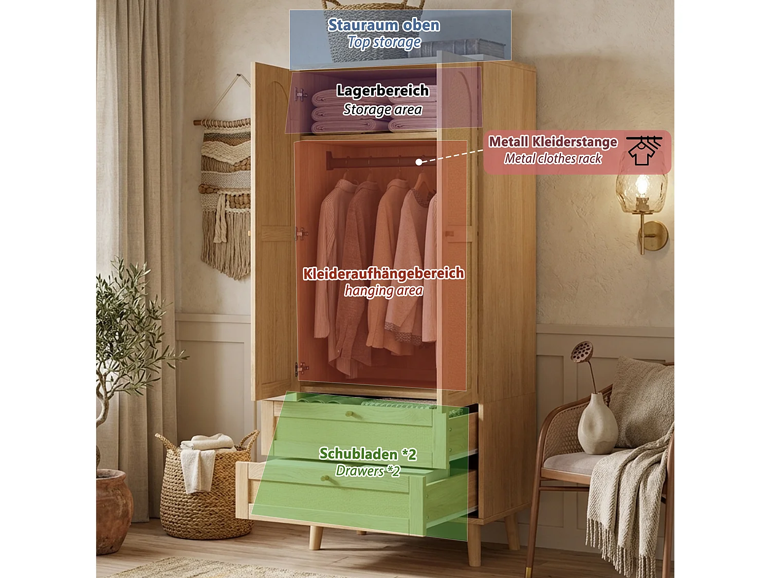Rattan wardrobe 80 x 50 x 180cm - with 2 drawers and 2 doors - with storage shelf and clothes rail - Natural