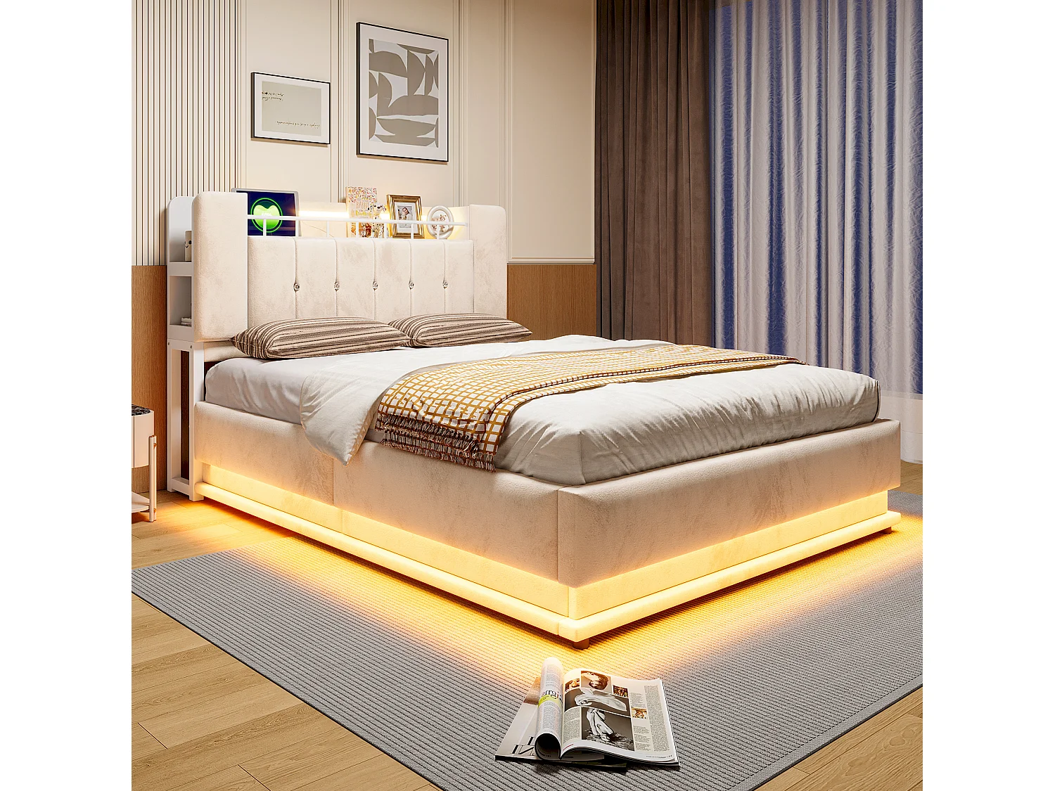Bett mit Stauraum und gepolstertem Kopfteil 140 x 200 cm - mit LED-Beleuchtung - mit USB-Anschluss - Samt - beige (Matratze nicht inbegriffen)