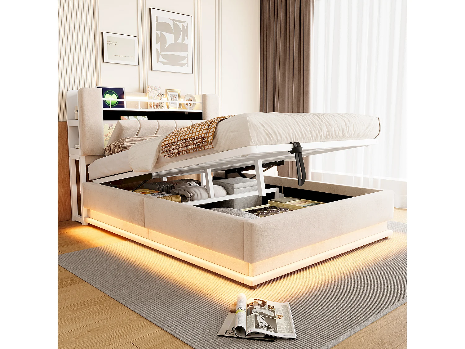 Bett mit Stauraum und gepolstertem Kopfteil 140 x 200 cm - mit LED-Beleuchtung - mit USB-Anschluss - Samt - beige (Matratze nicht inbegriffen)