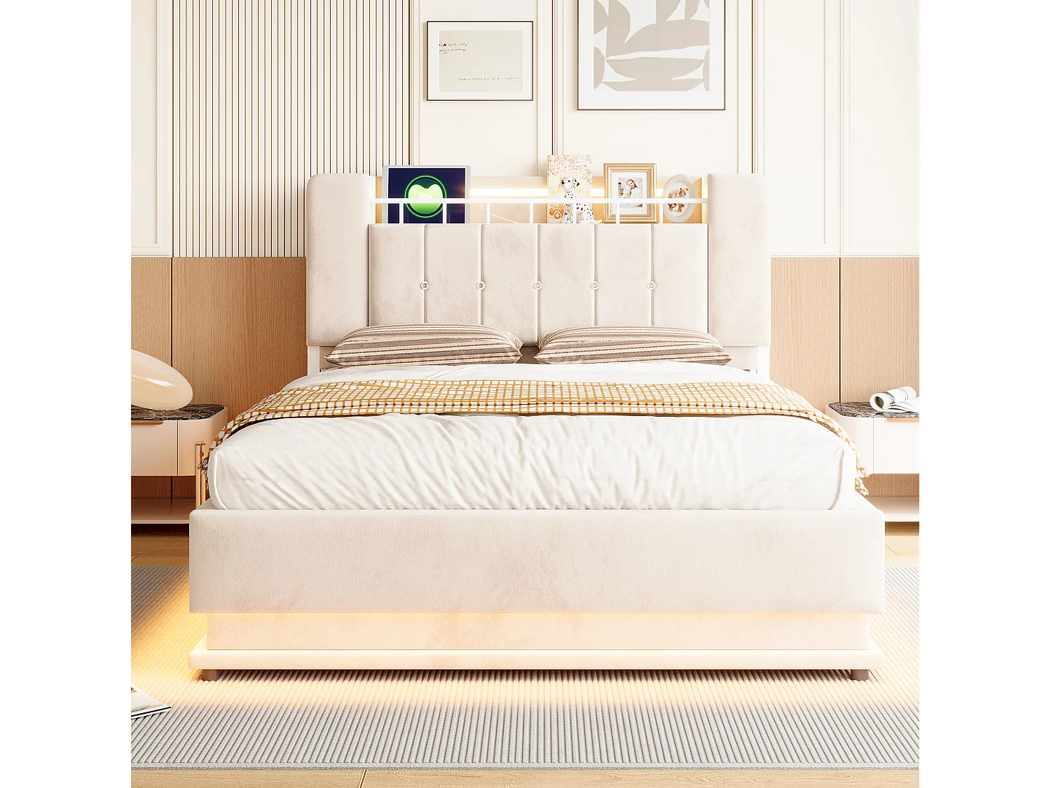 Bett mit Stauraum und gepolstertem Kopfteil 140 x 200 cm - mit LED-Beleuchtung - mit USB-Anschluss - Samt - beige (Matratze nicht inbegriffen)