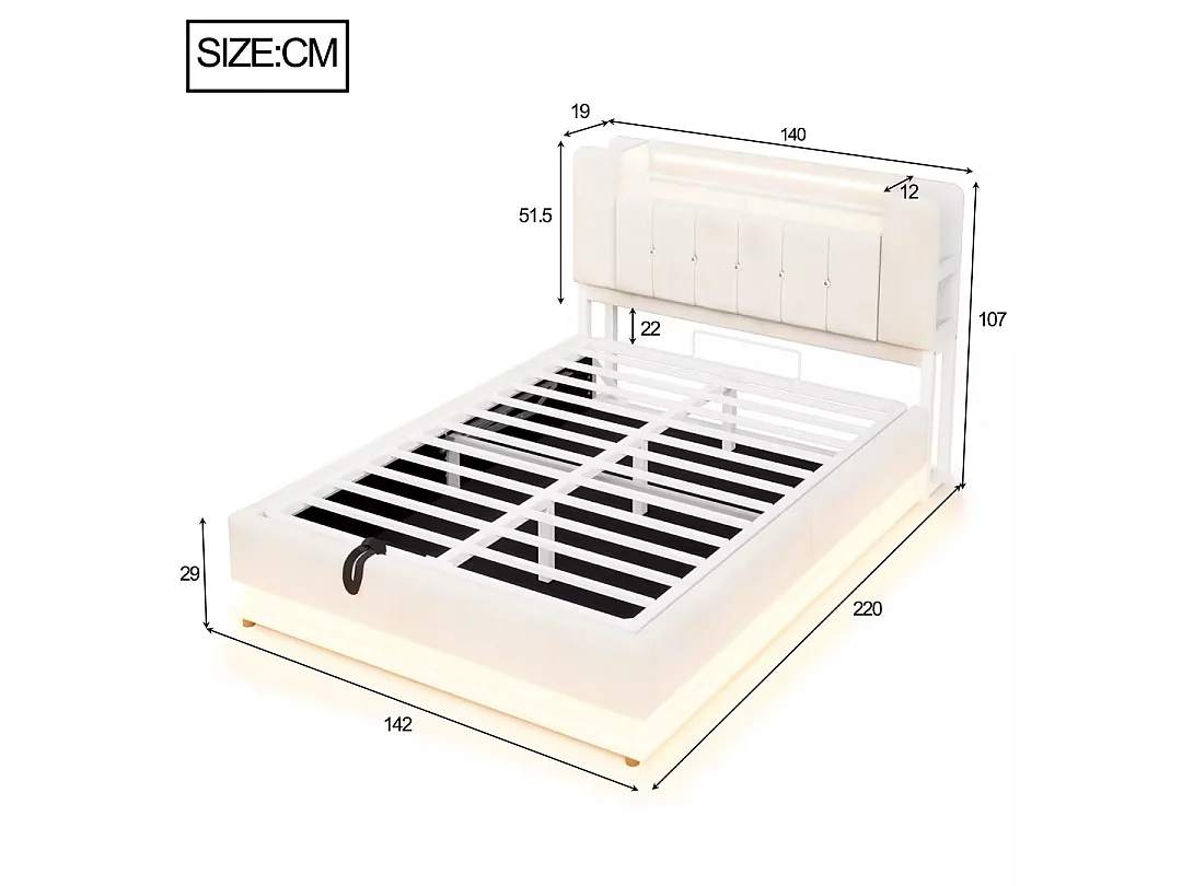 Bett mit Stauraum und gepolstertem Kopfteil 140 x 200 cm - mit LED-Beleuchtung - mit USB-Anschluss - Samt - beige (Matratze nicht inbegriffen)