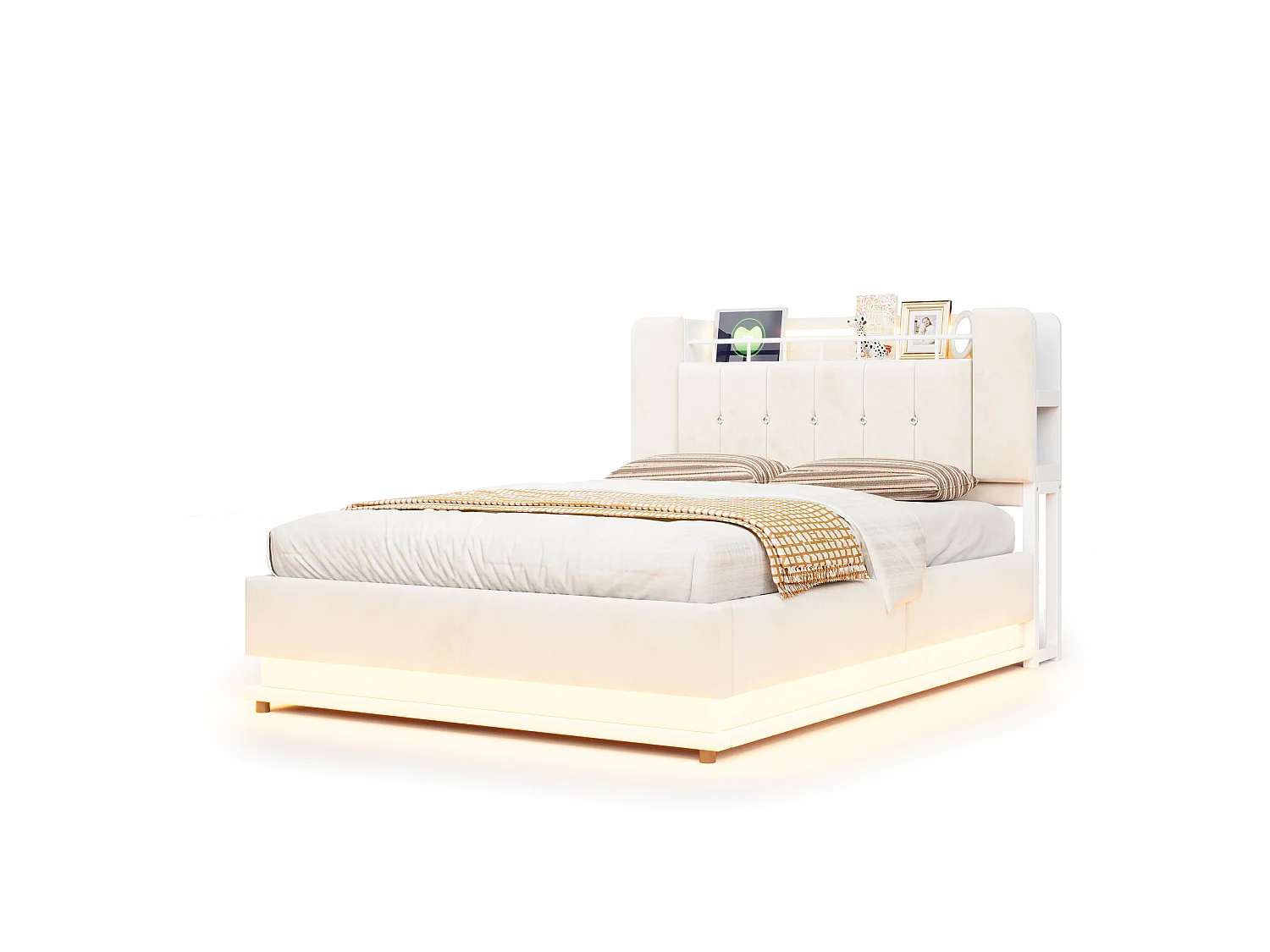 Bett mit Stauraum und gepolstertem Kopfteil 140 x 200 cm - mit LED-Beleuchtung - mit USB-Anschluss - Samt - beige (Matratze nicht inbegriffen)