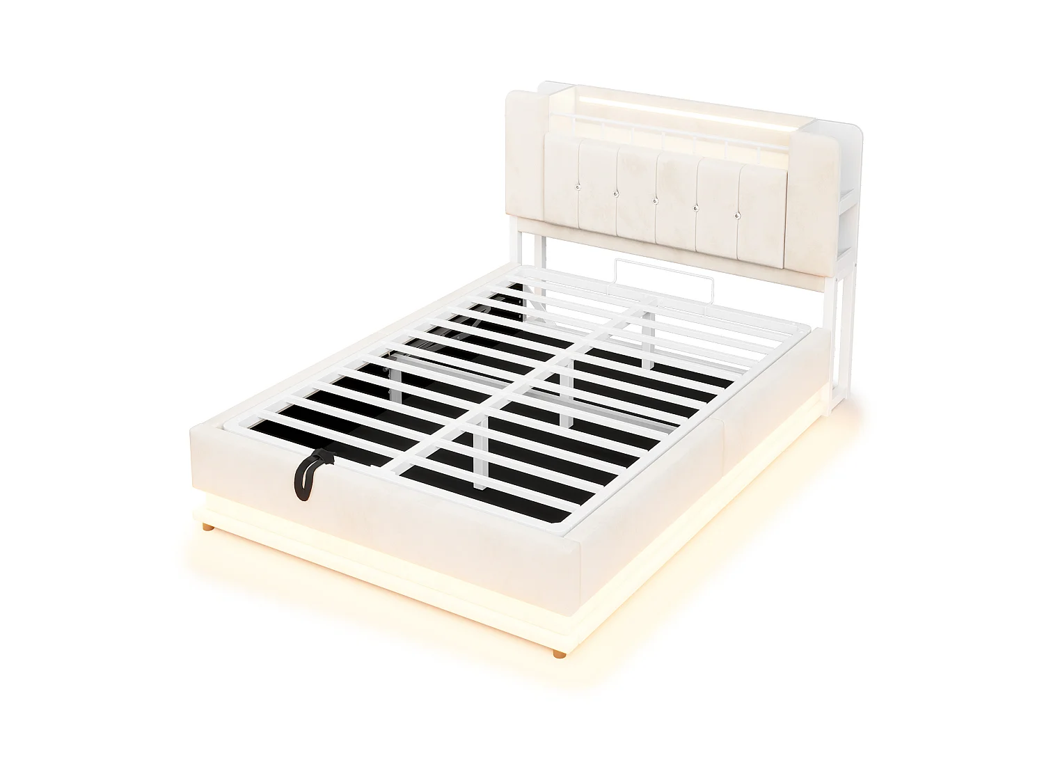 Bett mit Stauraum und gepolstertem Kopfteil 140 x 200 cm - mit LED-Beleuchtung - mit USB-Anschluss - Samt - beige (Matratze nicht inbegriffen)