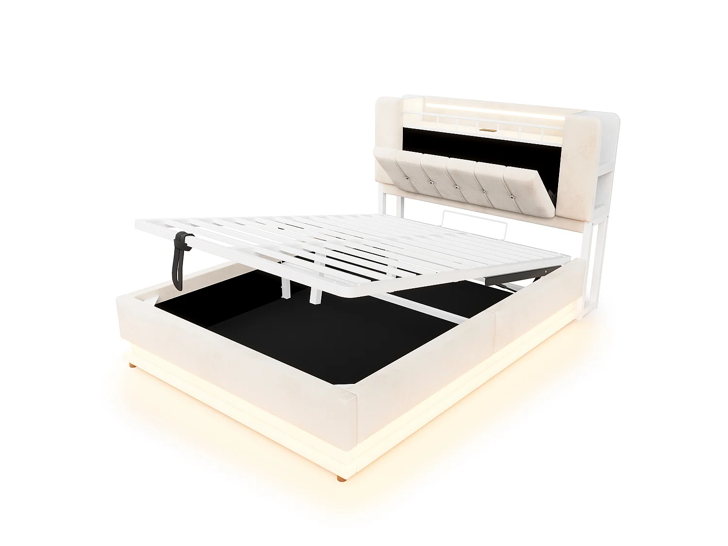 Bett mit Stauraum und gepolstertem Kopfteil 140 x 200 cm - mit LED-Beleuchtung - mit USB-Anschluss - Samt - beige (Matratze nicht inbegriffen)