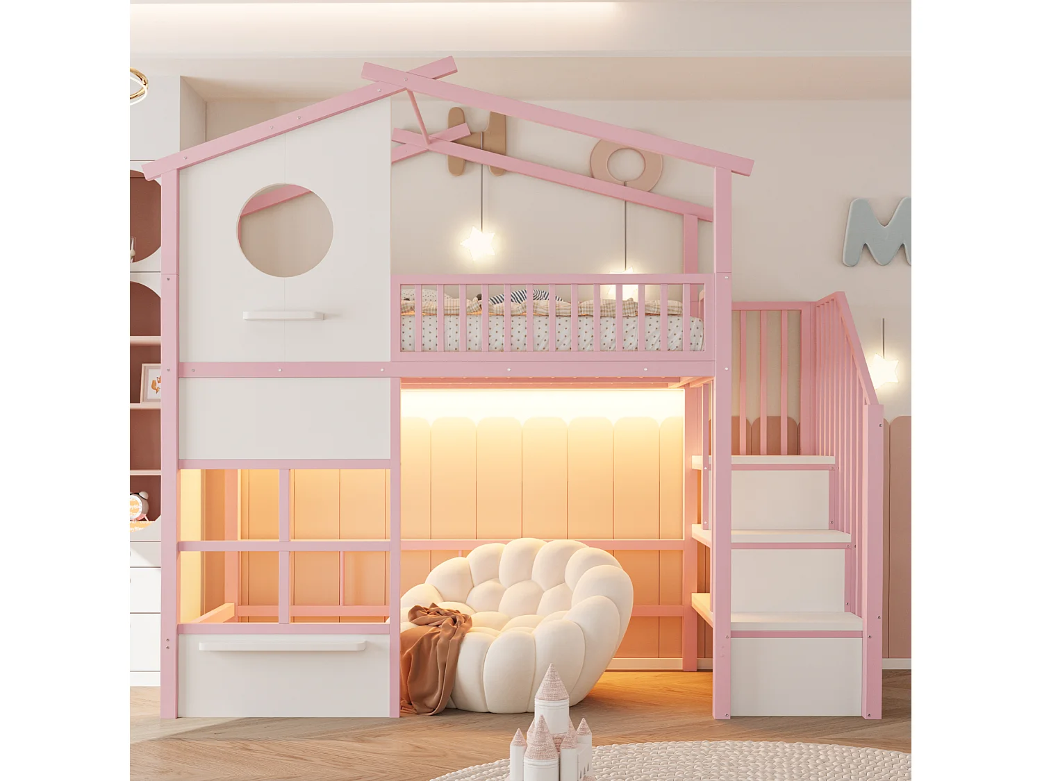 Lit mezzanine 90 x 200 cm - avec éclairage LED - avec escalier - rose (matelas non inclus)