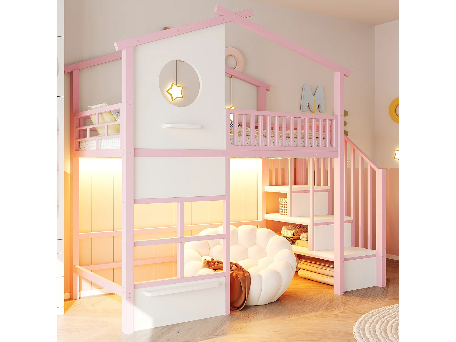 Lit mezzanine 90 x 200 cm - avec éclairage LED - avec escalier - rose (matelas non inclus)