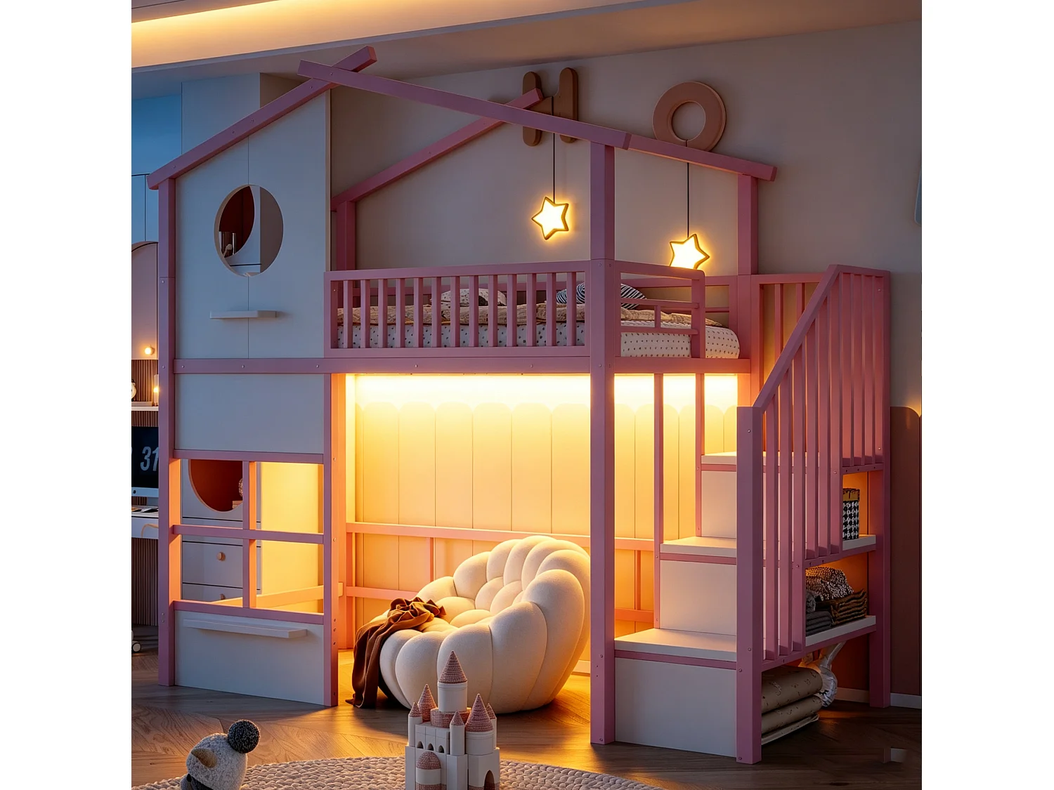 Lit mezzanine 90 x 200 cm - avec éclairage LED - avec escalier - rose (matelas non inclus)