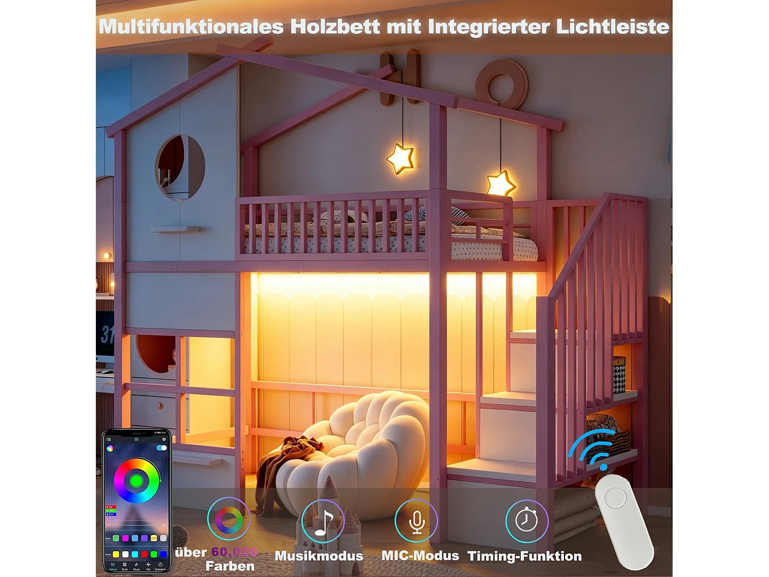 Lit mezzanine 90 x 200 cm - avec éclairage LED - avec escalier - rose (matelas non inclus)