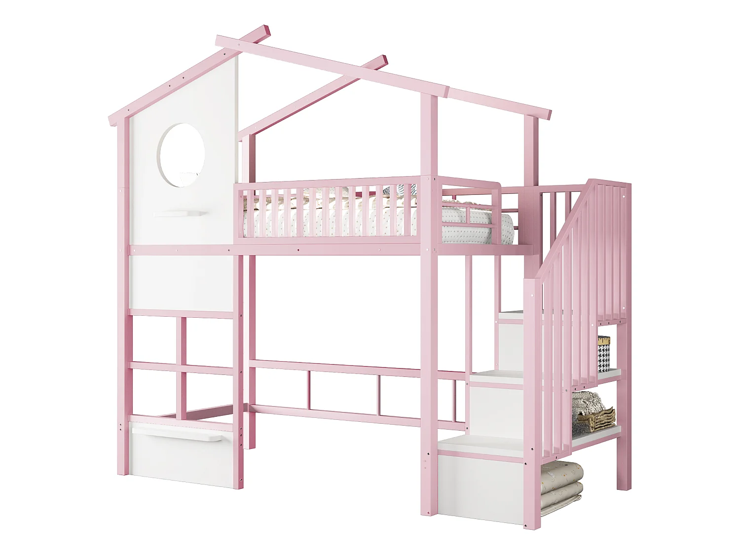 Lit mezzanine 90 x 200 cm - avec éclairage LED - avec escalier - rose (matelas non inclus)