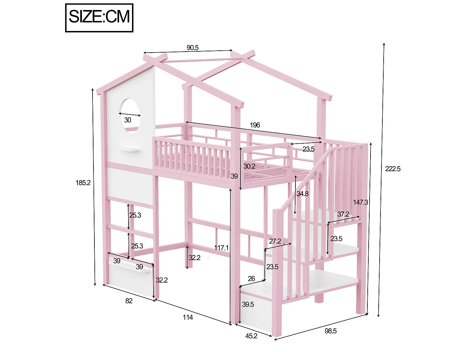 Lit mezzanine 90 x 200 cm - avec éclairage LED - avec escalier - rose (matelas non inclus)