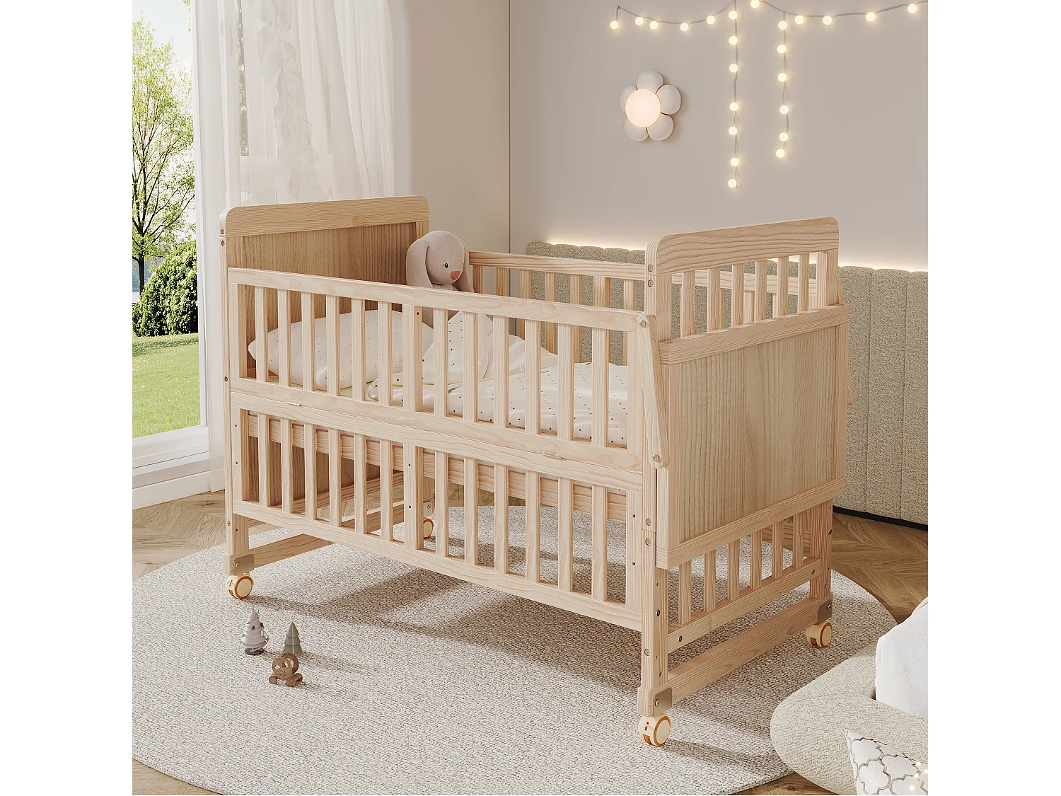 Lit bébé évolutif 3-en-1 60 x 120 cm en pin massif - Lit cododo réglable en hauteur avec plan à langer et roulettes - Naturel