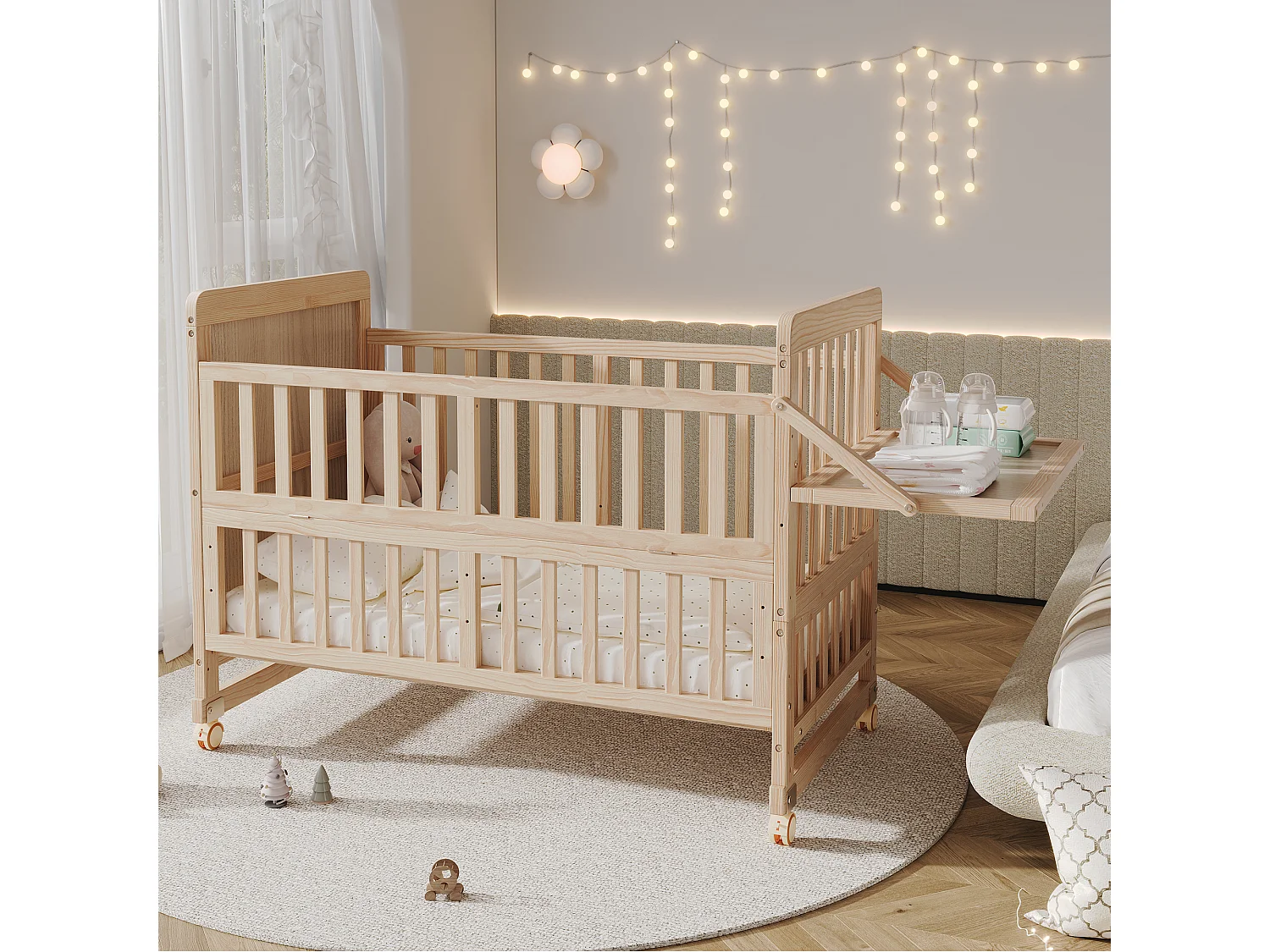 Lit bébé évolutif 3-en-1 60 x 120 cm en pin massif - Lit cododo réglable en hauteur avec plan à langer et roulettes - Naturel