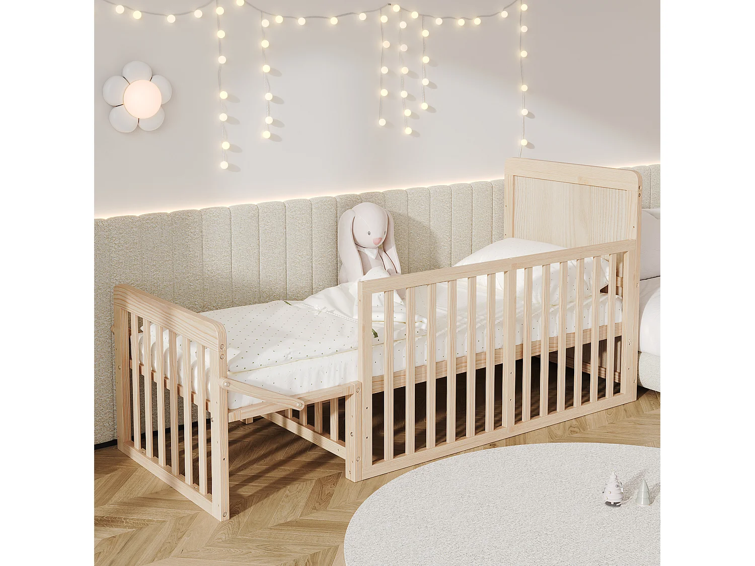Lit bébé évolutif 3-en-1 60 x 120 cm en pin massif - Lit cododo réglable en hauteur avec plan à langer et roulettes - Naturel