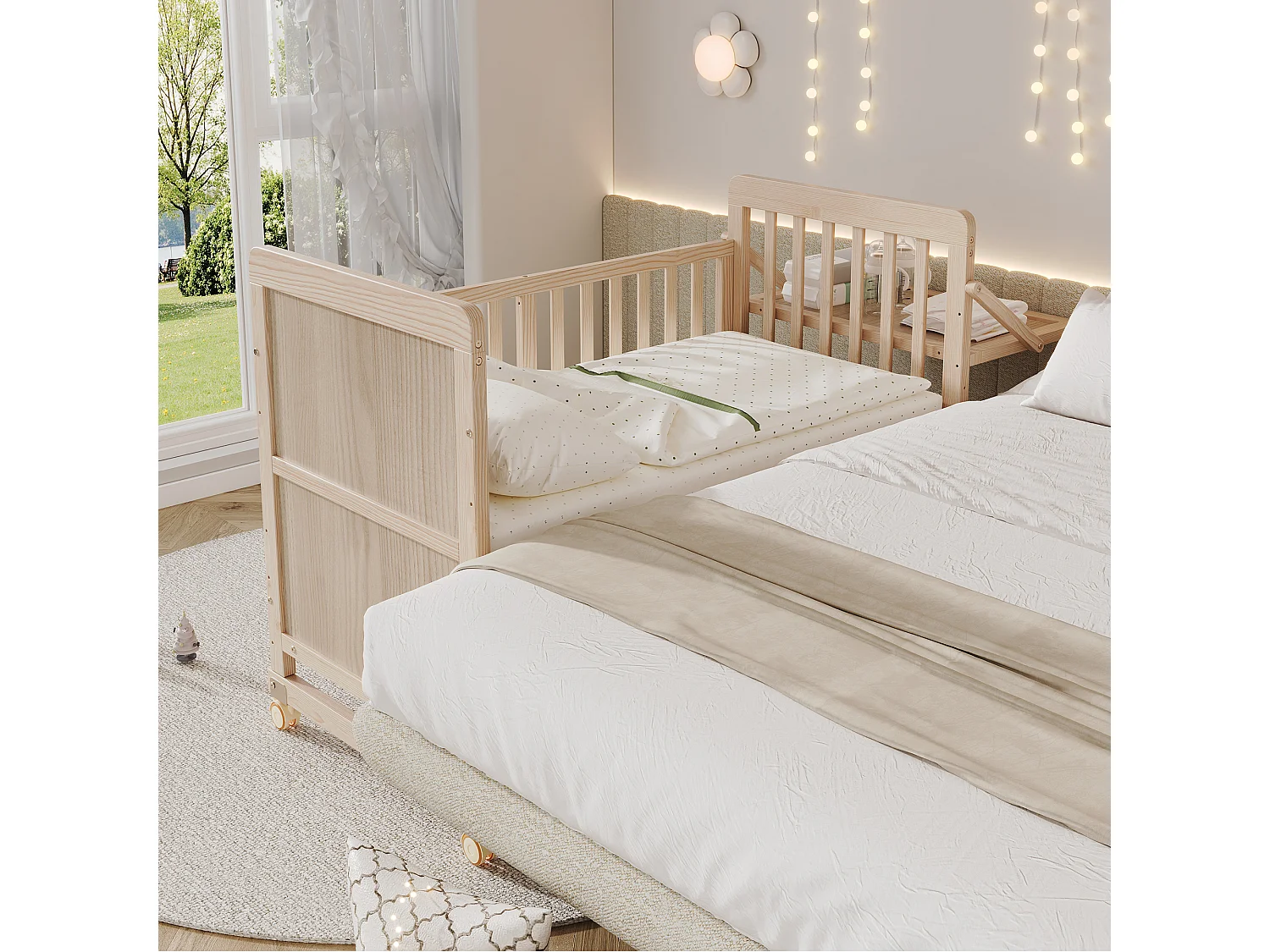 Lit bébé évolutif 3-en-1 60 x 120 cm en pin massif - Lit cododo réglable en hauteur avec plan à langer et roulettes - Naturel