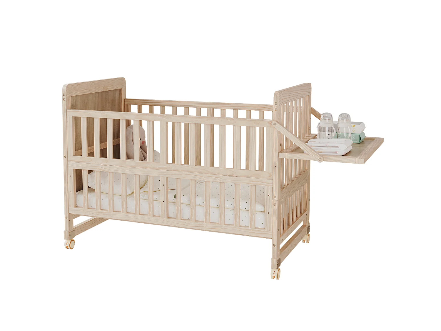 Lit bébé évolutif 3-en-1 60 x 120 cm en pin massif - Lit cododo réglable en hauteur avec plan à langer et roulettes - Naturel