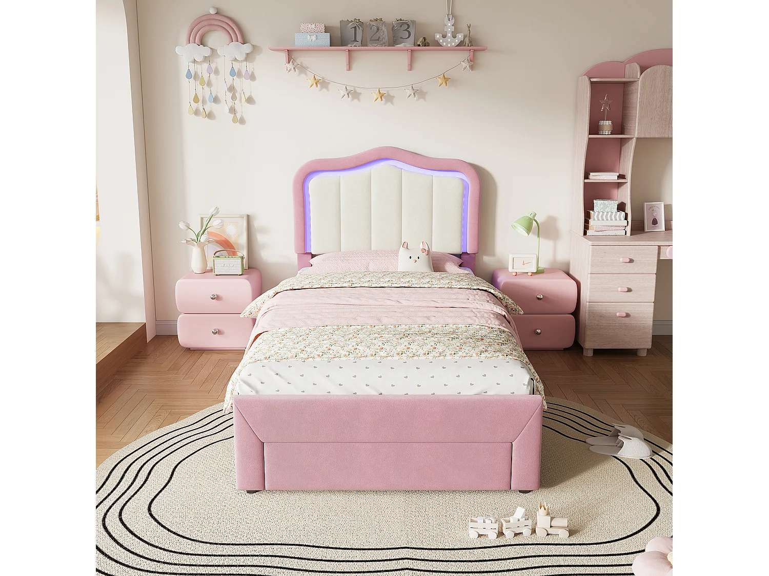 Lit rembourré pour enfants 90x200cm - avec 1 tiroir - avec éclairage LED - tissu velours - Rose (sans matelas)