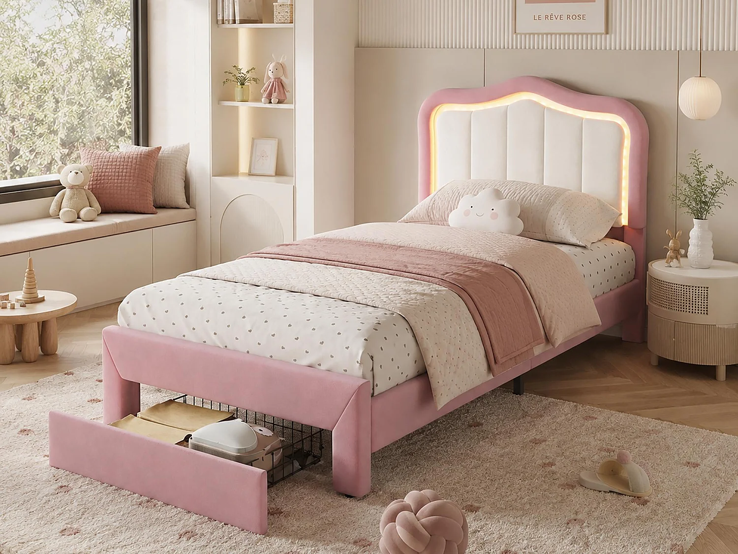 Lit rembourré pour enfants 90x200cm - avec 1 tiroir - avec éclairage LED - tissu velours - Rose (sans matelas)