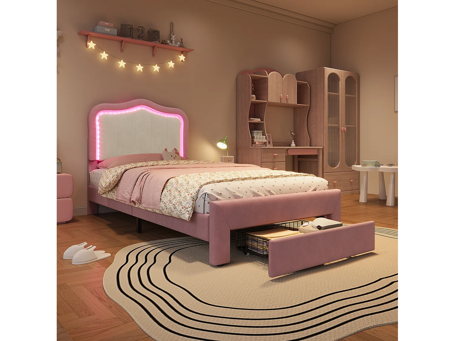 Lit rembourré pour enfants 90x200cm - avec 1 tiroir - avec éclairage LED - tissu velours - Rose (sans matelas)