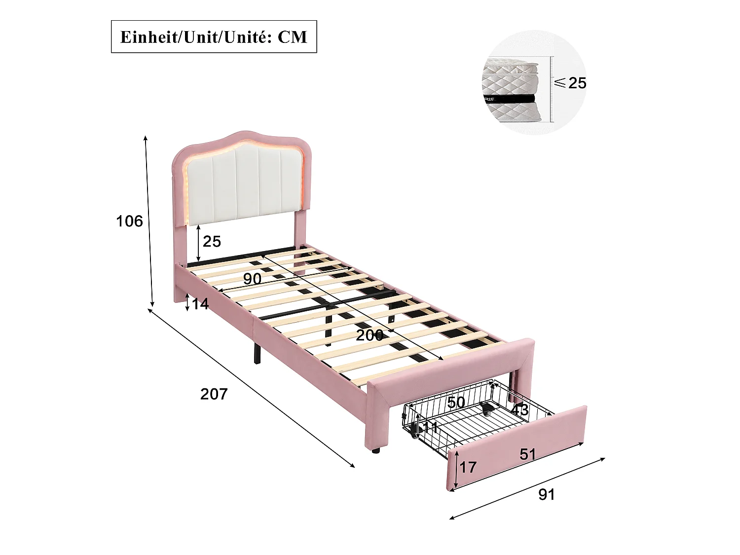 Lit rembourré pour enfants 90x200cm - avec 1 tiroir - avec éclairage LED - tissu velours - Rose (sans matelas)