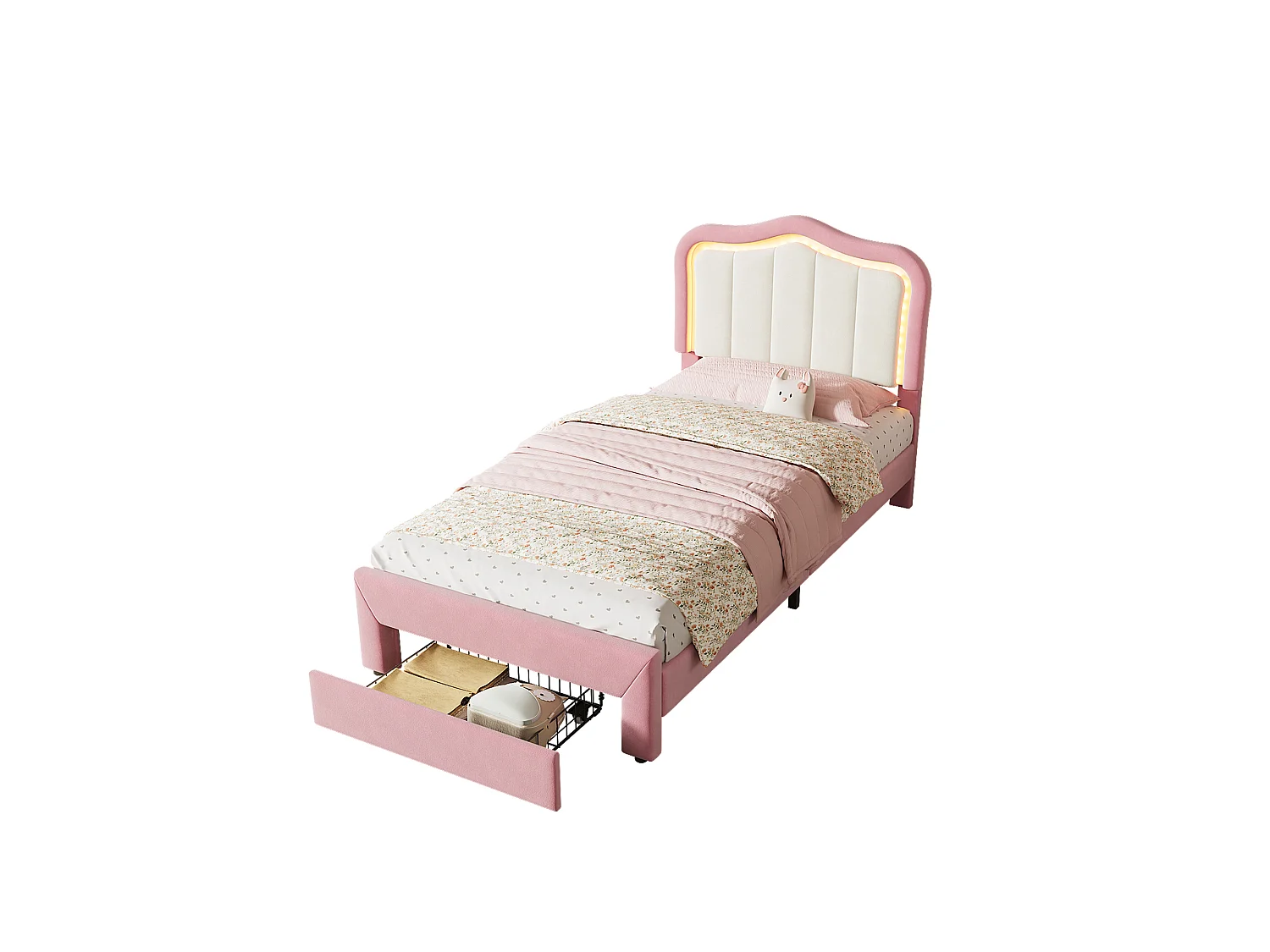 Lit rembourré pour enfants 90x200cm - avec 1 tiroir - avec éclairage LED - tissu velours - Rose (sans matelas)