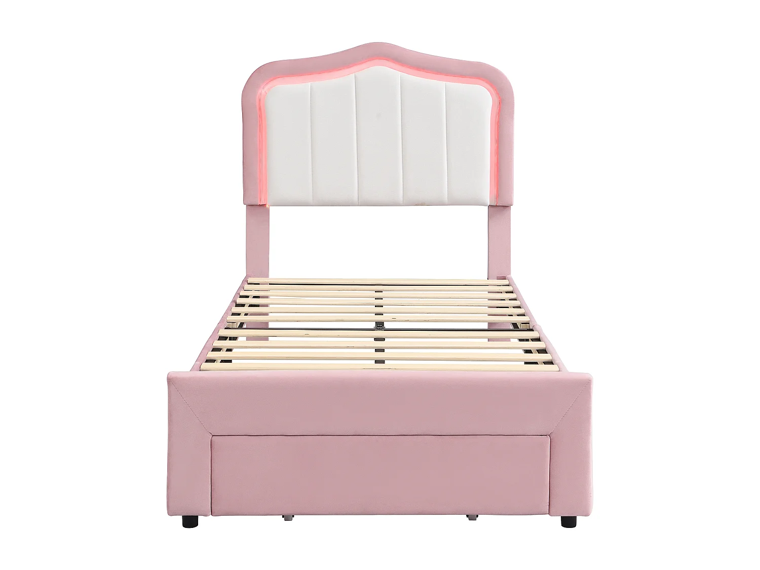 Lit rembourré pour enfants 90x200cm - avec 1 tiroir - avec éclairage LED - tissu velours - Rose (sans matelas)