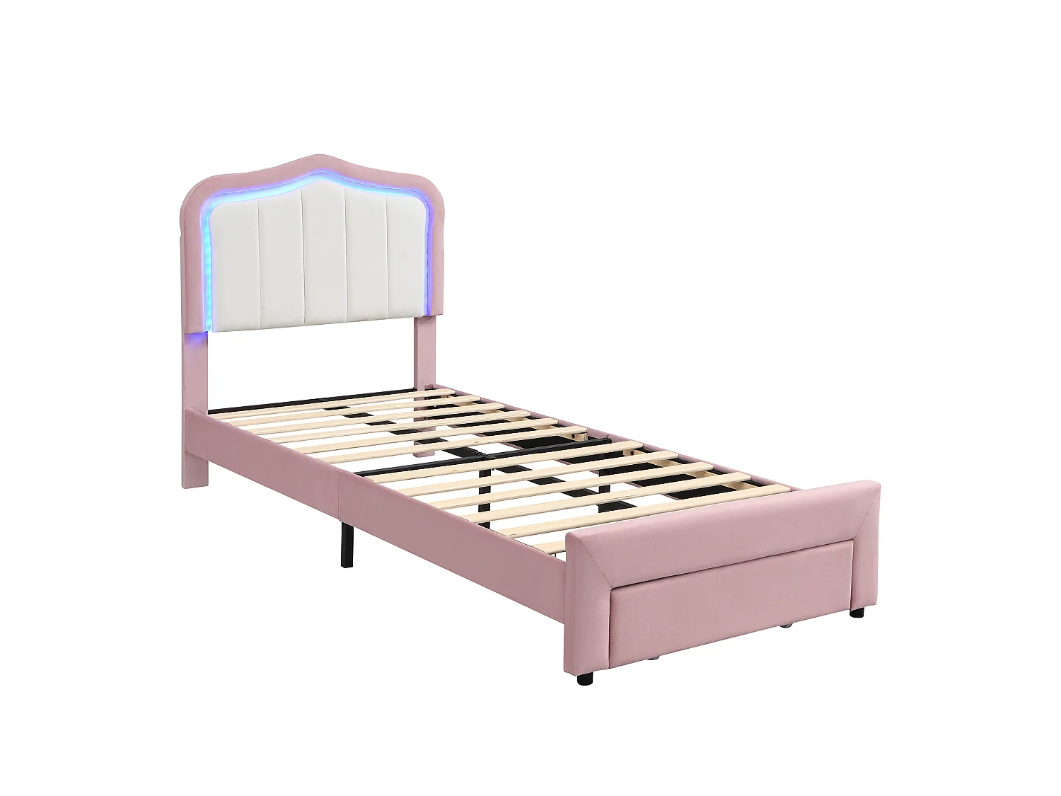 Lit rembourré pour enfants 90x200cm - avec 1 tiroir - avec éclairage LED - tissu velours - Rose (sans matelas)