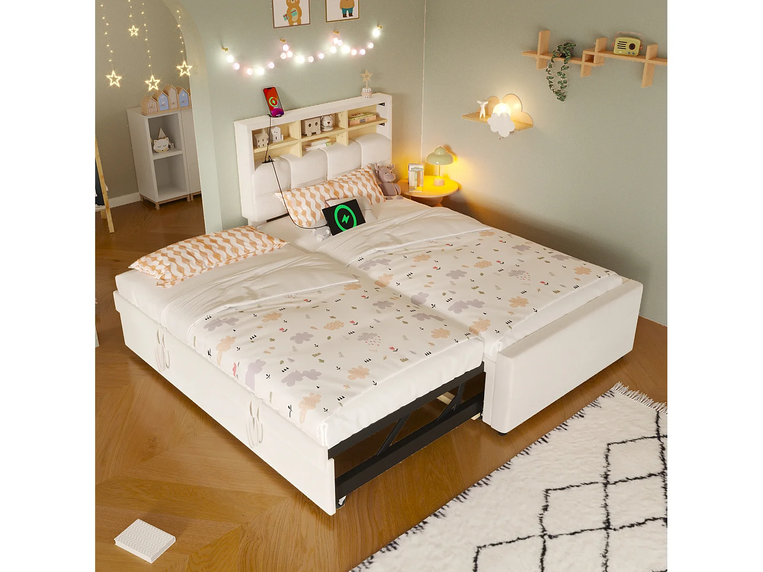 Cama para niño 90 x 200 cm – con cama nido – con puerto USB-C – terciopelo – beige (colchón no incluido)