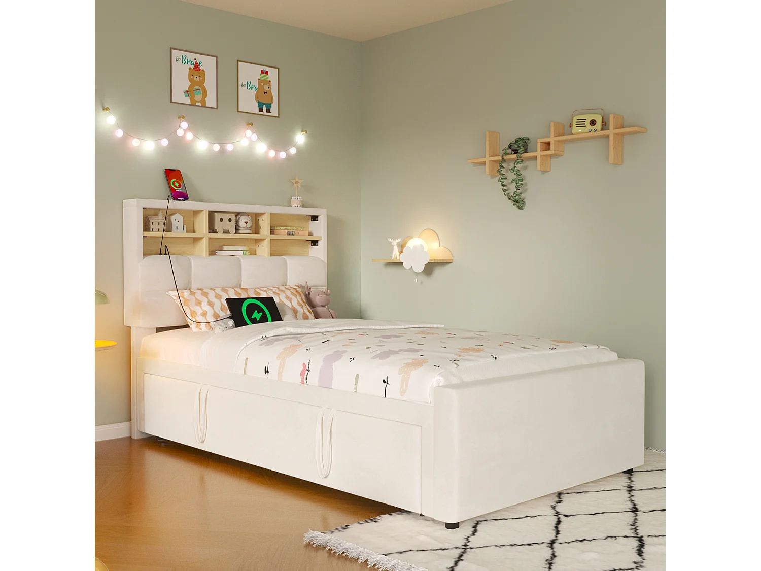 Cama para niño 90 x 200 cm – con cama nido – con puerto USB-C – terciopelo – beige (colchón no incluido)