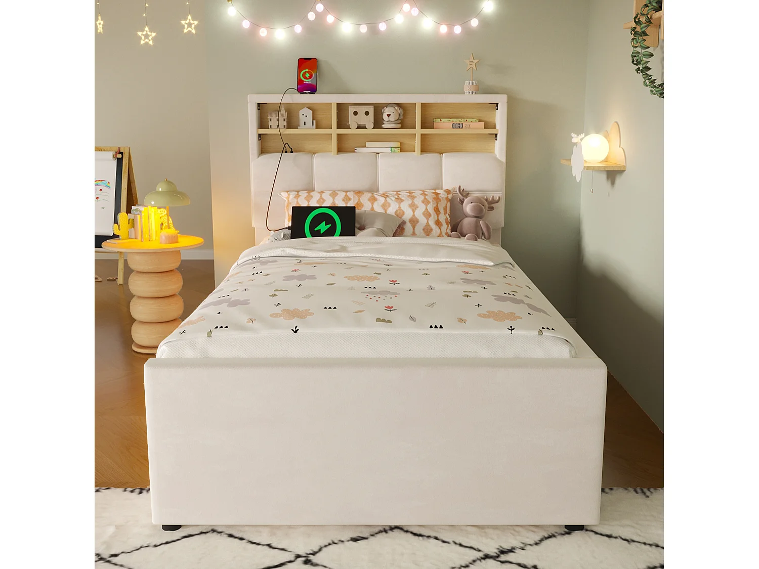 Cama para niño 90 x 200 cm – con cama nido – con puerto USB-C – terciopelo – beige (colchón no incluido)