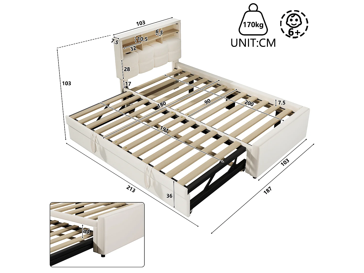 Cama para niño 90 x 200 cm – con cama nido – con puerto USB-C – terciopelo – beige (colchón no incluido)