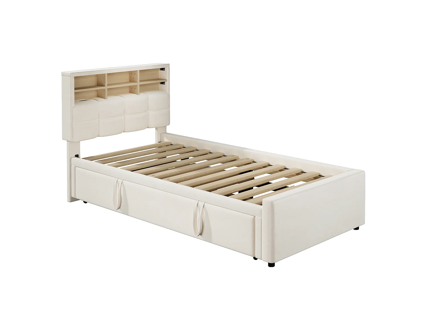 Cama para niño 90 x 200 cm – con cama nido – con puerto USB-C – terciopelo – beige (colchón no incluido)