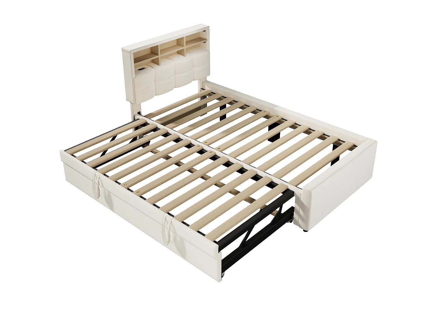 Cama para niño 90 x 200 cm – con cama nido – con puerto USB-C – terciopelo – beige (colchón no incluido)