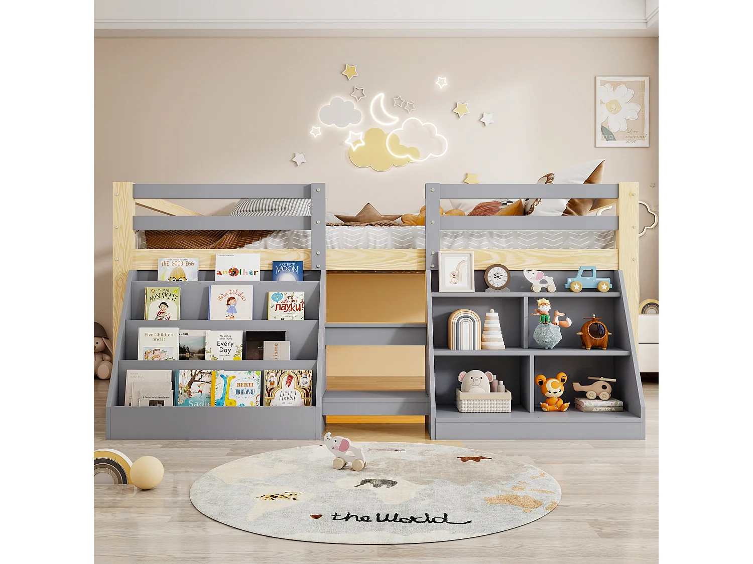 Lit enfant 140 x 200 cm – avec étagères de rangement – ​​avec barrières de sécurité – avec échelle – avec éclairage LED – gris (matelas non inclus)